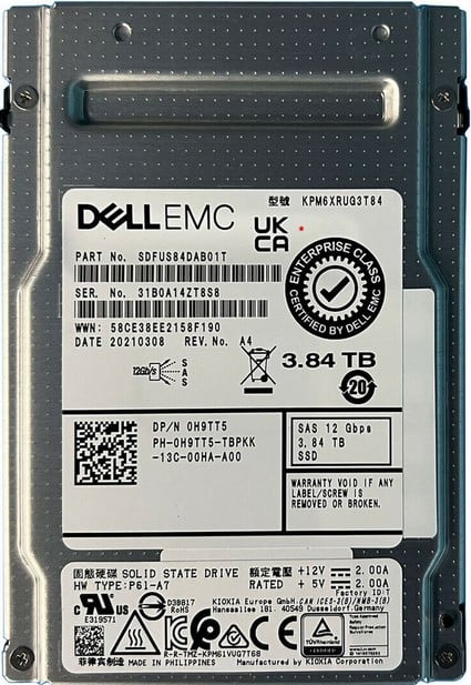 Kioxia SDFUS84DAB01T 3.84Tb SAS 12Gbps 512e 2.5inch PM6-R Series SSD Refurbished Dell OEM