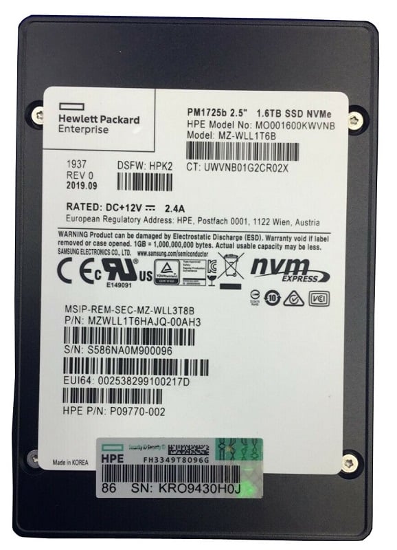 Samsung PM1725b MZWLL1T6HAJQ-00AH3 Mixed Use SSD 1.6 TB PCIe 3.0 x4 (NVMe) HPE OEM Refurbished