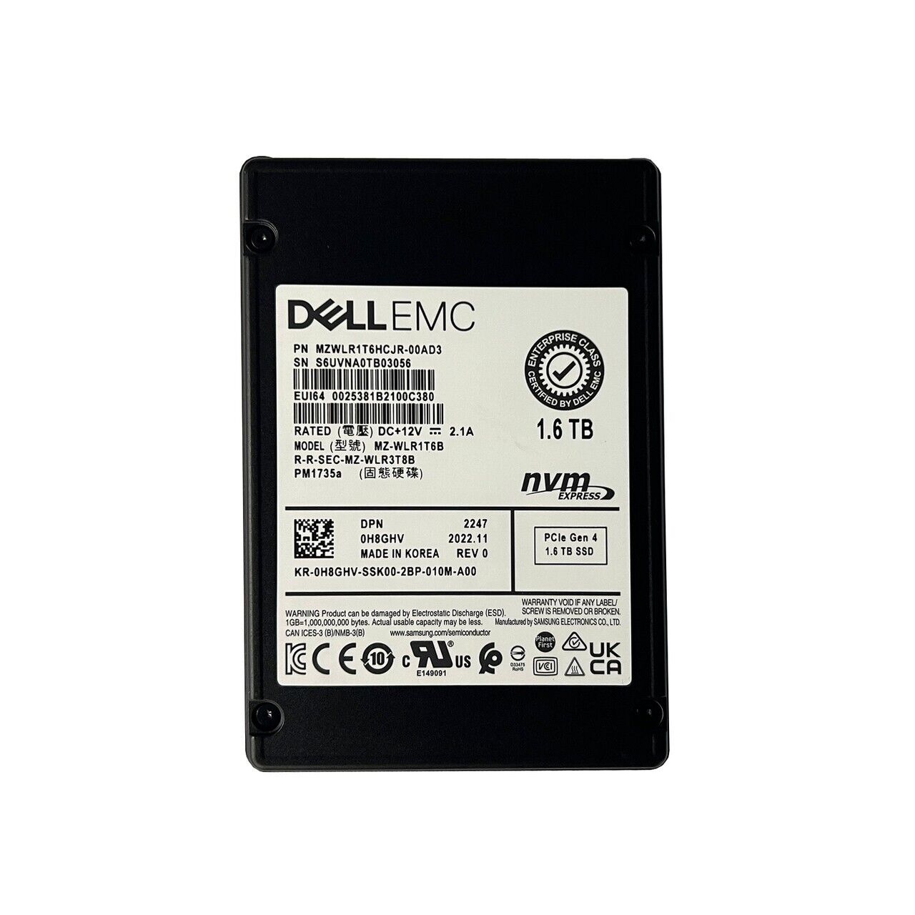 SAMSUNG MZWLR1T6HCJR-00AD3 1.6Tb Gen 4 NVMe U.2 Mu Ssd Dell Oem