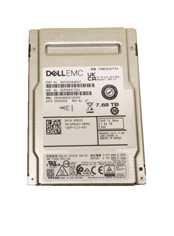 KIOXIA SDFUS83DAB02T 7.68TB Read Intensive SAS 12Gbps 512e 2.5in PM6-R Series SSD