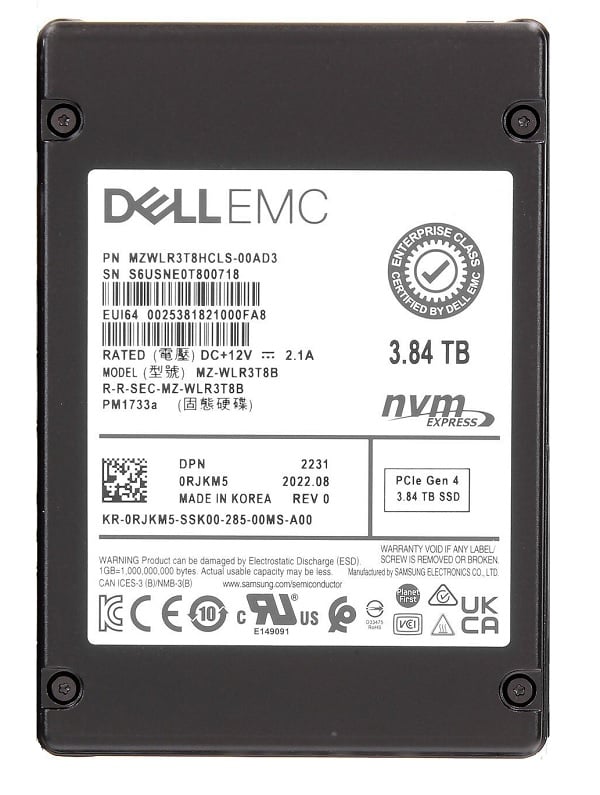 Samsung MZWLR3T8HCLS-00AD3 PM1733a 3.84TB NVMe 2.5inch Enterprise Ssd Dell Oem